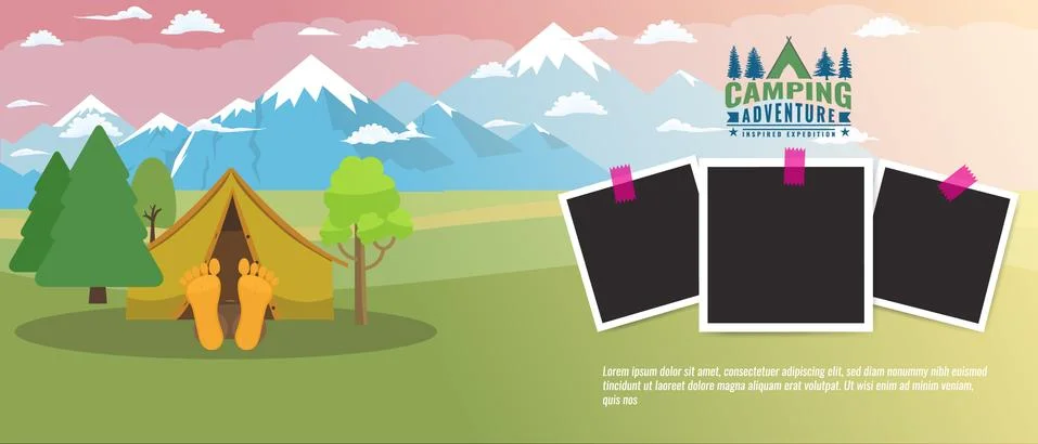 Camping concept flat horizontal banner. Tourism advertisement layout with photo Stock Illustration