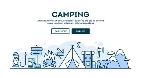 Camping, concept header, flat design thin line style Stock Illustration
