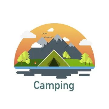 Camping concept. Landscape illustration in flat design. Summer day. Vector Stock Illustration