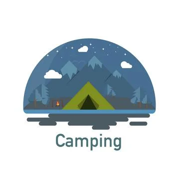 Camping concept. Landscape illustration in flat design. Summer night. Vector Stock Illustration