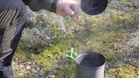 Camping Cook Pot on Mossy Forest Ground 库存影片 333581328