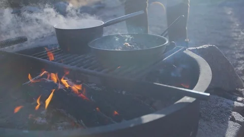 Camping - Cooking Over A Campfire At Sunset Stock Footage 96311998