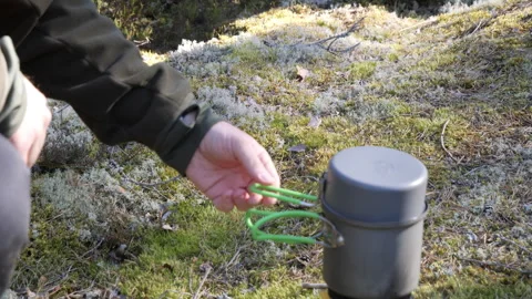 Camping Cookware on Mossy Forest Floor Video stock 333581263