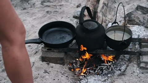 Camping Cookware over Campfire Stock Footage 284619800