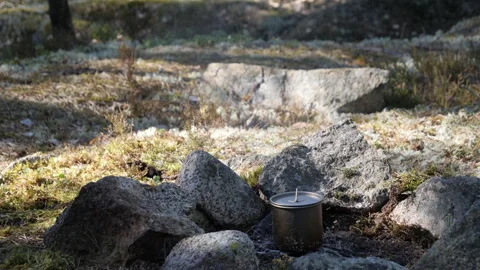 Camping Cookware Pot Among Rocks in Forest 스톡 동영상 333581067