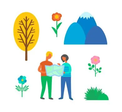 Camping Couple Using Map to Find Way Isolated Ilustração Stock