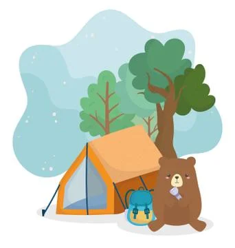 Camping cute bear with backpack lantern tent trees forest Illustrazione stock