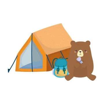 Camping cute bear with backpack lantern tent forest Illustrazione stock