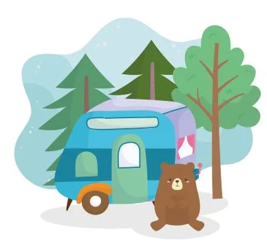 Camping cute bear trailer pine trees forest cartoon Stockillustratie