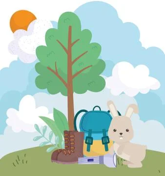 Camping cute rabbit backpack flashlight boots tree Ilustración de archivo