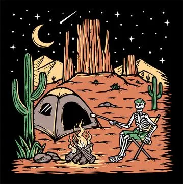 Camping in the desert at night Stock Illustration