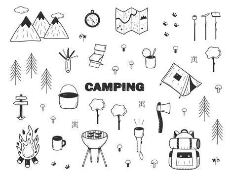 Camping doodle icons set. Vector illustration of hiking elements. Isolated .. Stock Illustration
