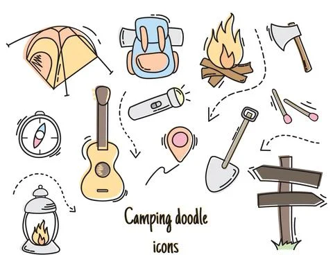 Camping Doodles collection vector set illustration isolated on white backgrou Stock Illustration