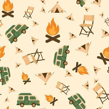 Camping Doodles Seamless Beige Pattern Stock Illustration