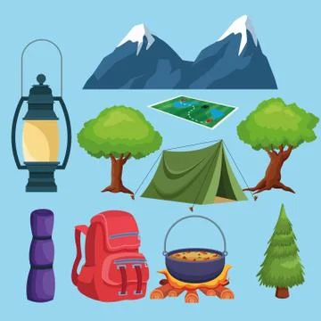 Camping elements and landscape icons cartoon Illustrazione stock