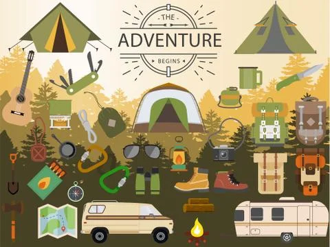 Camping elements collection, camping equipment Stock Illustration
