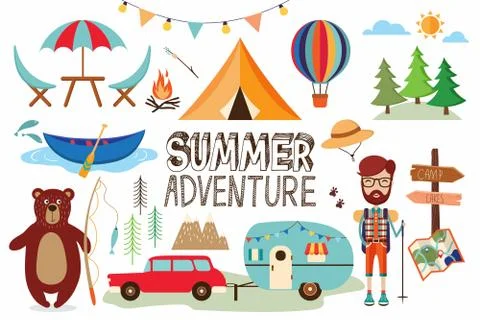 Camping elements collection with funny items Stock Illustration