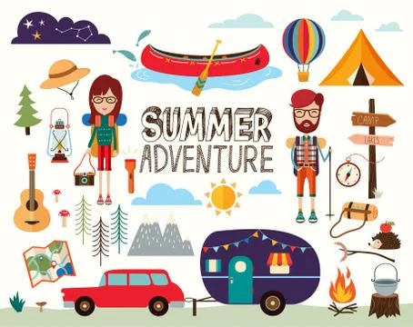 Camping elements collection ready for summer adventure 스톡 일러스트
