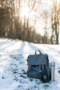  Camping elements equipment on the mountain at the winter time next to the... Stock Photos