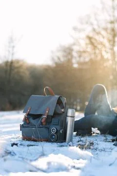  Camping elements equipment on the mountain at the winter time next to the... Stock Photos