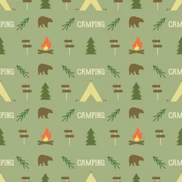 Camping elements pattern.  seamless wallpaper design. Equipment for  background 스톡 일러스트