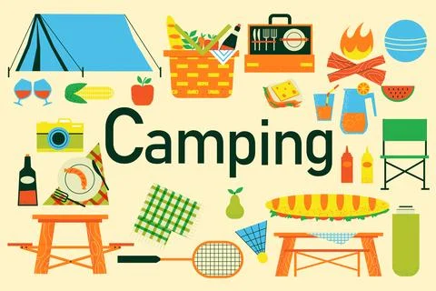 Camping elements. Picnic in park. Tent and fire. Food and drinks for outdoor Stock Illustration