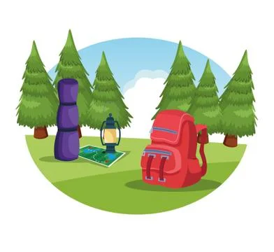 Camping elements in a rural landscape Stock Illustration