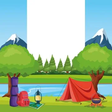 Camping elements in a rural landscape Ilustración de archivo