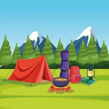 Camping elements in a rural landscape Ilustración de archivo
