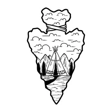 Camping emblem in arrowhead shape. Design element for poster, card, banner,.. Stock Illustration