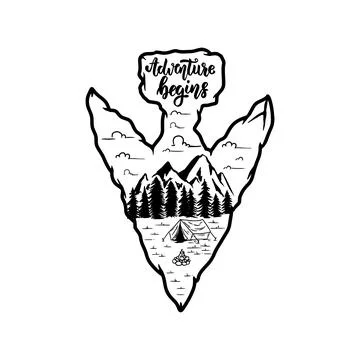 Camping emblem in arrowhead shape. Design element for poster, card, banner,.. Stock Illustration