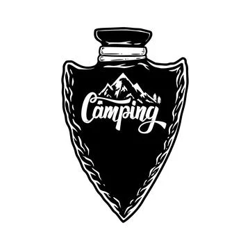 Camping emblem in arrowhead shape. Design element for poster, card, banner,.. Stock Illustration