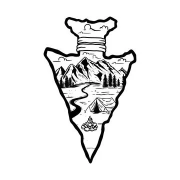Camping emblem in arrowhead shape. Design element for poster, card, banner,.. Stock Illustration