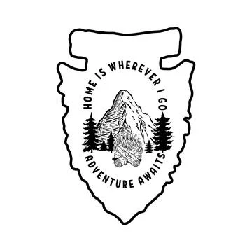 Camping emblem in arrowhead shape. Design element for poster, card, banner,.. Stock Illustration