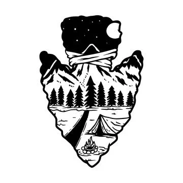 Camping emblem in arrowhead shape. Design element for poster, card, banner,.. Stock Illustration