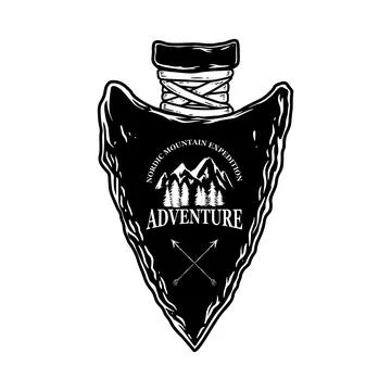 Camping emblem in arrowhead shape. Design element for poster, card, banner,.. 스톡 일러스트