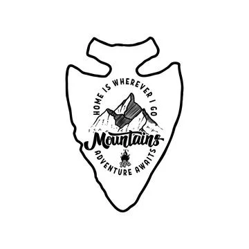 Camping emblem in arrowhead shape. Design element for poster, card, banner,.. Stock Illustration