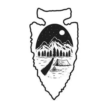 Camping emblem in arrowhead shape. Design element for poster, card, banner,.. Stock Illustration