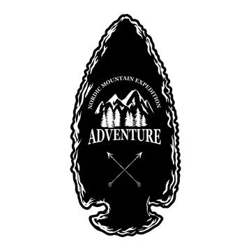 Camping emblem in arrowhead shape. Design element for poster, card, banner,.. 스톡 일러스트