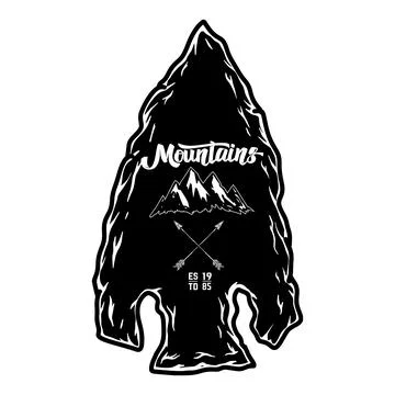 Camping emblem in arrowhead shape. Design element for poster, card, banner,.. 스톡 일러스트