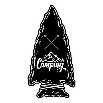 Camping emblem in arrowhead shape. Design element for poster, card, banner,.. Stock Illustration