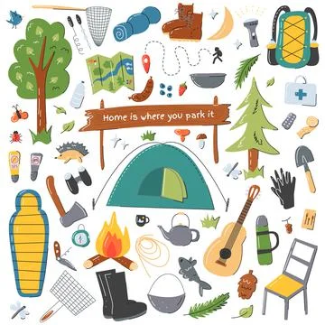 Camping equipment elements set isolated on white. Wanderlust collection Stock Illustration