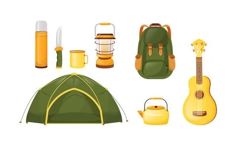 Camping equipment flat color vector objects set イラスト素材
