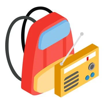Camping equipment icon isometric vector. Old vintage radio and orange backpack Illustrazione stock