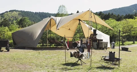 Camping equipment in nature Stock Footage 163000886