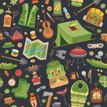Camping equipment pattern. A vector tourist theme. Stock Illustration