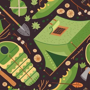 Camping equipment pattern. A vector tourist theme. Stock Illustration