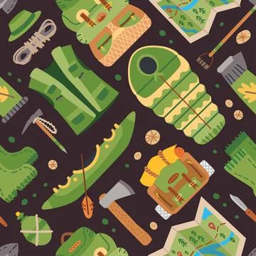 Camping equipment pattern. A vector tourist theme. Stock Illustration