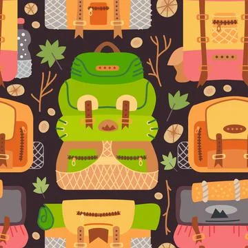 Camping equipment pattern. A vector tourist theme. Stock Illustration