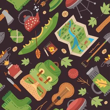 Camping equipment pattern. A vector tourist theme. Stock Illustration